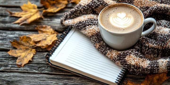 A cozy scene featuring a cup of coffee with latte art, a notebook, and autumn leaves on a wooden surface