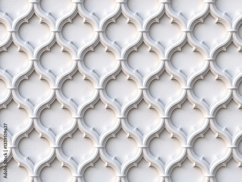 Poster the image features an intricate white-patterned wall , showcasing a repeating geometric motif with e