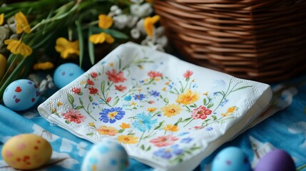 Springtime Floral Easter Napkin with Colorful Eggs