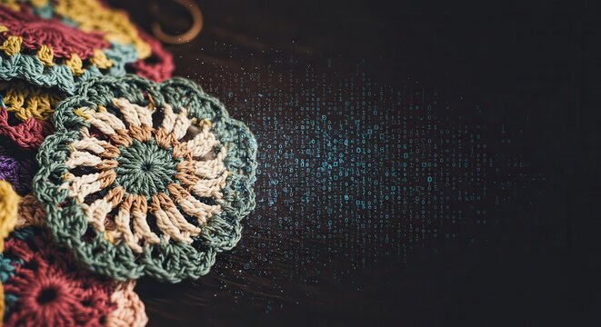 Crochet Flower on Dark Surface with Digital Data Overlay Effect