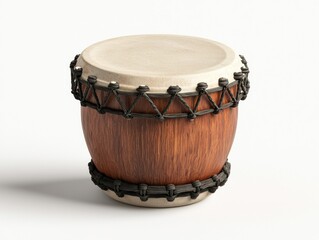A classic hand drum with a wooden body and a light-colored drumhead, featuring intricate rope lacing around the top edge.
