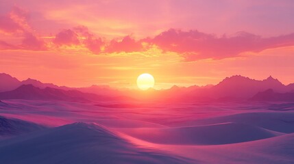 Pink sunset over desert dunes and mountains