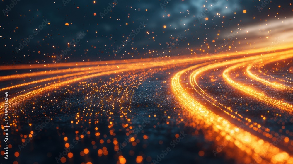 Poster abstract digital art depicting glowing orange light trails on a dark blue surface creating a futuris