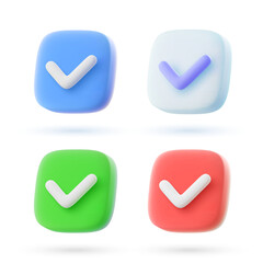 Set of 3d vector check mark icons in cartoon minimal style.