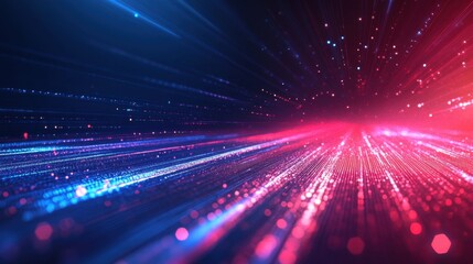 Obraz premium Dynamic digital landscape with vibrant blue and red light streaks creating a futuristic and energetic atmosphere perfect for tech and innovation concepts