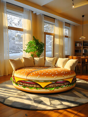 Whimsical Indoor Design Featuring Hamburger-Shaped Sofa With Cushions