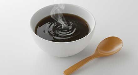 Serving Hot Dark Liquid in White Bowl with Wooden Spoon