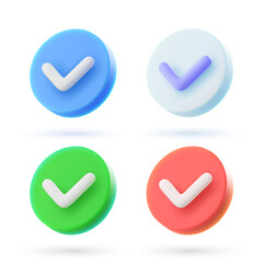 Set of 3d vector check mark icons in cartoon minimal style.