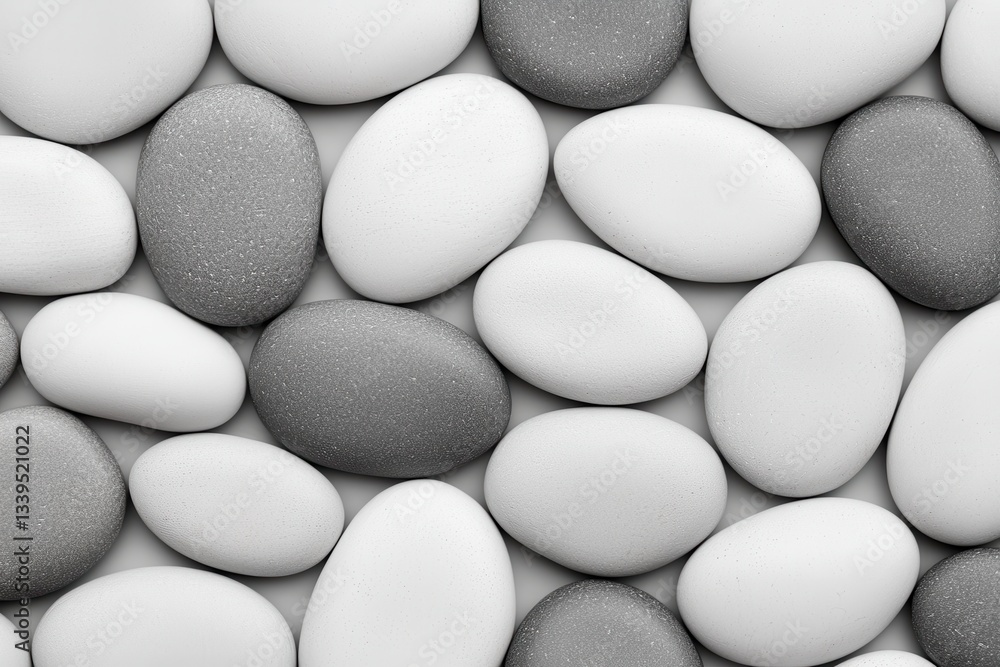 Poster a close-up view of smooth, rounded stones in varying shades of white and gray, creating a natural an