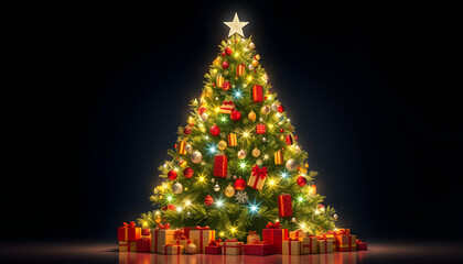 A huge Christmas tree with bright lights and presents , with white tonespng