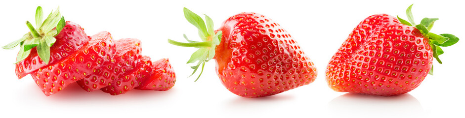 set of juicy strawberries with leaves isolated on a white background