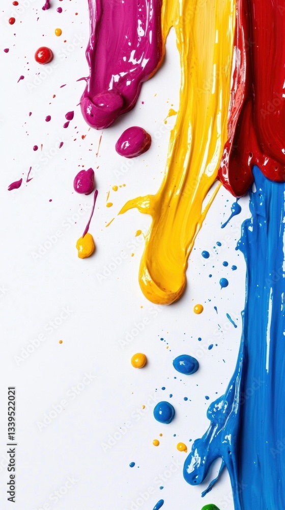 Poster vibrant paint cascade on white canvas creating an abstract art with dynamic colorful streaks and pla