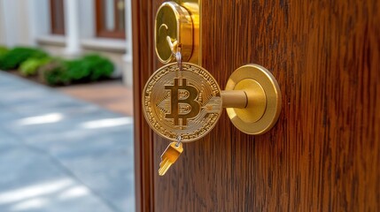 A sleek modern door lock with a Bitcoin keychain, symbolizing the future of financial security.