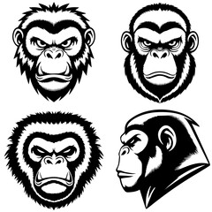 This image is a black-and-white vector illustration of four chimpanzee faces with different angles and expressions. Three of the faces are shown from a front view, while one is in profile. The design 