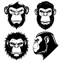 This image is a black-and-white vector illustration of four chimpanzee faces with different angles and expressions. Three of the faces are shown from a front view, while one is in profile. The design 
