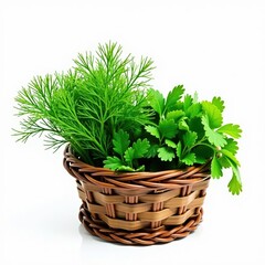Naklejka premium Fresh dill and parsley in rustic basket, white backdrop, closeup, herbs, culinary