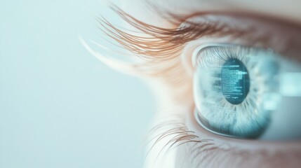 ai-enhanced robotic eye scanning data with layers of holographic interfaces displaying futuristic analytics softly