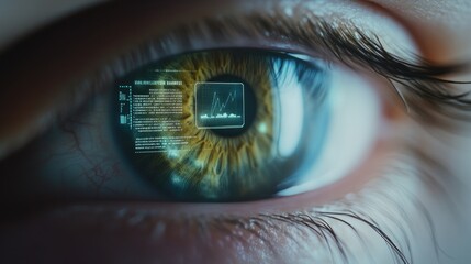 ai-enhanced robotic eye scanning data with layers of holographic interfaces displaying futuristic analytics softly