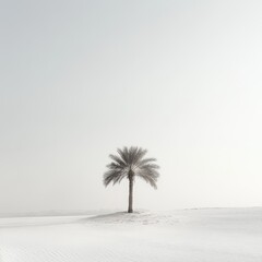 A solitary palm tree stands alone in a vast desert landscape