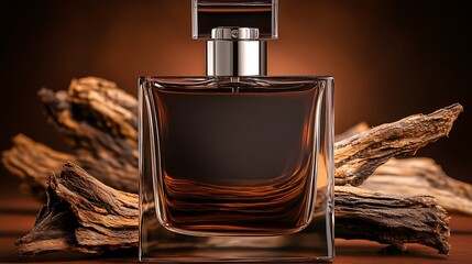 Perfume bottle with wood scent background use advert