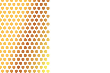 Golden background with honeycomb shapes. Vector illustration. Pattern with glitter effect. Template texture for invitation, poster, card, banner, announcements and others. Doodle style.