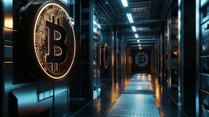 Fototapeta premium Digital vault with bitcoin symbols, epresenting advanced financial technology and Bitcoin mining facility