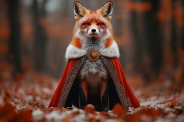 Elegant fox in king&acirc;&euro;&trade;s cape, standing in forest kingdom, minimalist regal authority