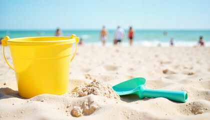 Colorful bucket and spade set on sandy beach, childhood memories