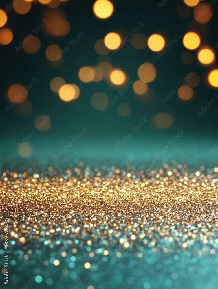 Poster shimmering golden glitter on teal surface with bokeh lights in background creating festive mood