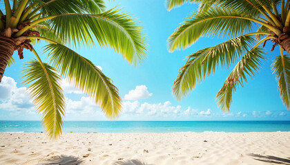 Fototapeta premium Lush palm trees framing a serene beach under bright blue skies, paradise