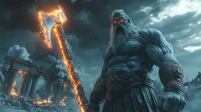 "Kronos, the Titan King, standing amidst the ruins of Olympus, his massive scythe dripping with divine energy, glowing red eyes filled with rage, an army of Titan monsters surrounding him, dark 