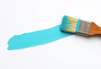 A vibrant turquoise paint stripe, freshly applied, with a paintbrush resting on pristine white,  aqua,  vivid