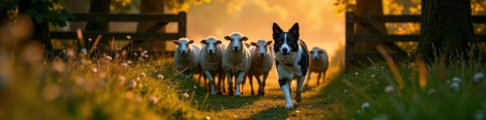 Border collie intently guides a flock of sheep through a gate , livestock management, working dog, landscape