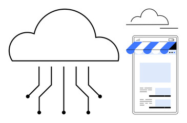 Cloud with connected lines representing technology integration next to a mobile storefront interface. Ideal for ecommerce, tech, cloud computing, connectivity, networking, innovation, future-ready