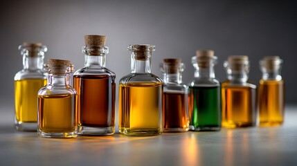 Assorted elixir bottles with corks presenting a spectrum of colored solutions