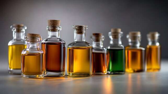 Assorted elixir bottles with corks presenting a spectrum of colored solutions