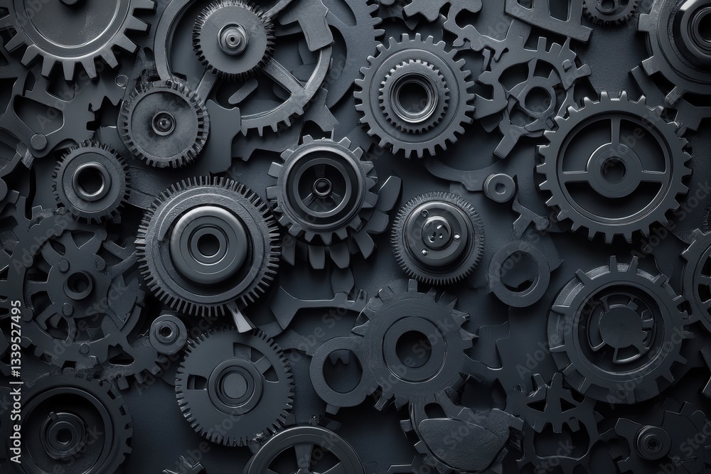 Poster intricate arrangement of metallic gears and cogs creating a complex mechanical texture engineering p