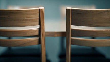 Two chairs facing away from each other at a dinner table symbolize family estrangement. Sharp furniture details with balanced lighting.