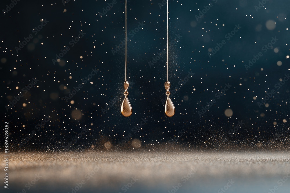 Poster intricate 3d rendering of earrings suspended in swirling mist of metallic particles surrounded by de