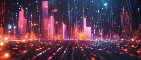 Fototapeta premium Futuristic city landscape with glowing data streams and vibrant neon lights creating a digital metropolis with a low angle view