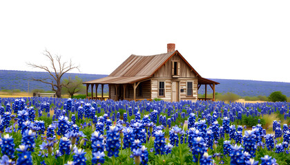 An old rustic house sits nestled in a field of bluebonnets in Marble Falls, Texas , with white tonespng