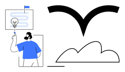 Person exploring idea on roadmap with light bulb symbol, contrasted by flight and horizon landscape concept. Ideal for creativity, innovation, strategy, progress, goals, freedom growth. Flat simple