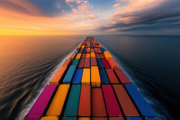 Cargo ship carrying colorful shipping containers crossing the ocean at sunset, illustrating concepts of international trade, logistics, supply chain, geopolitics, tariffs, and sanctions