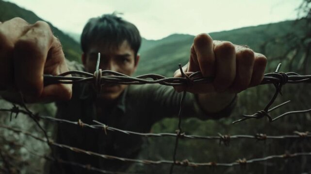 Exhausted young man leaning to a chain link fence