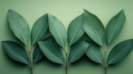Fresh, vibrant green leaves arranged in a symmetrical pattern on a pale green background