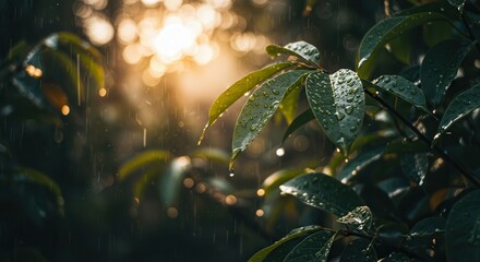 Rain Falling on Green Leaves with Water Droplets and Bokeh Background