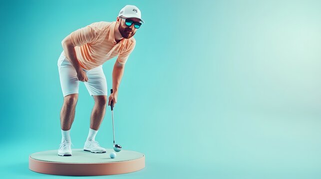 Golfer in Peach Polo Prepares for Putting Stroke
