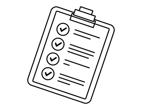 Hand drawn cute outline illustration clipboard with note. Flat vector check list sticker line art doodle. Successful plan. Completed todo list icon. Check mark in box. Productivity concept. Isolated.