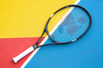 Tennis racket on colorful court, sports equipment use