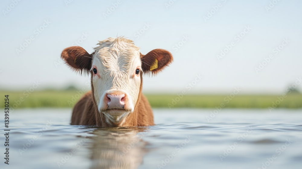 Poster capture close-up of farm animal against clear sky with green fields softly fading in background and 